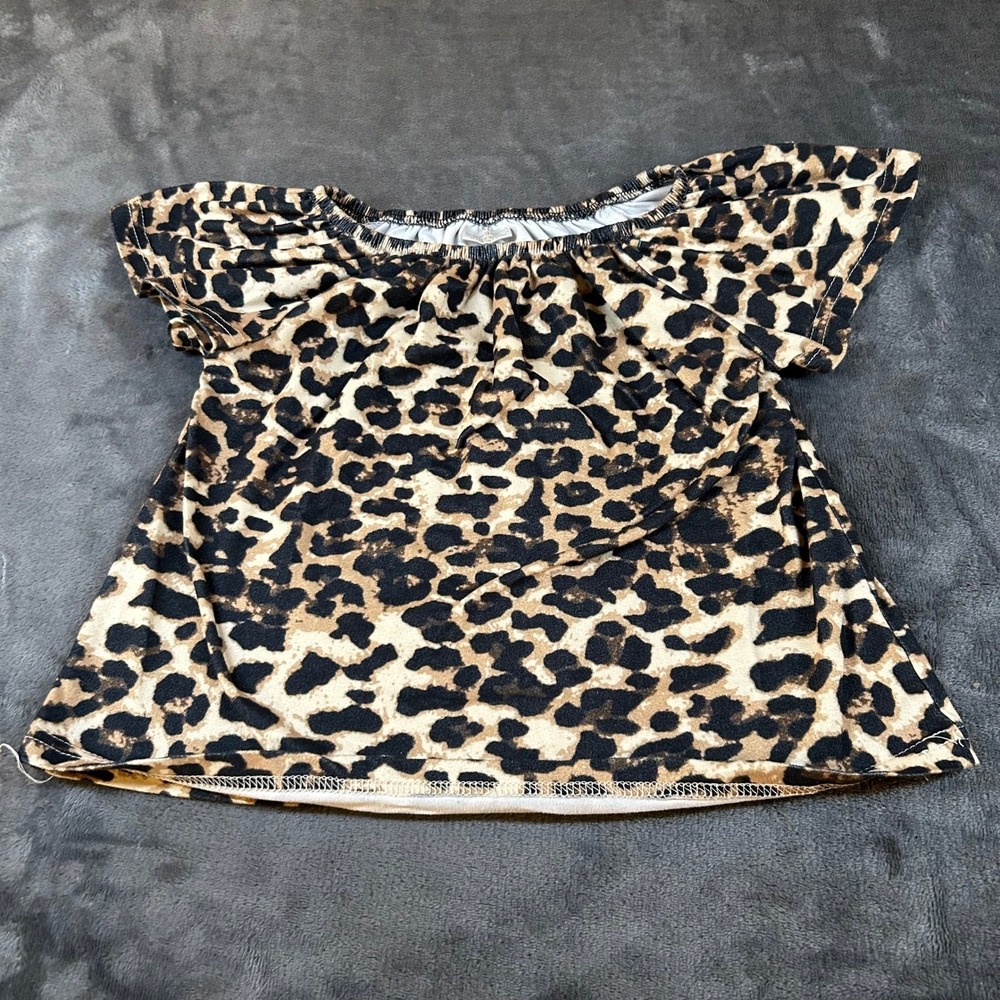 Unbranded Leopard Print Blouse Girls XL Brown Animal Print Off Shoulder Flutter